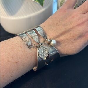 Artisan Fork & Spoon Cuff Bracelet – Sterling Silver Clasp & Pearl Charm